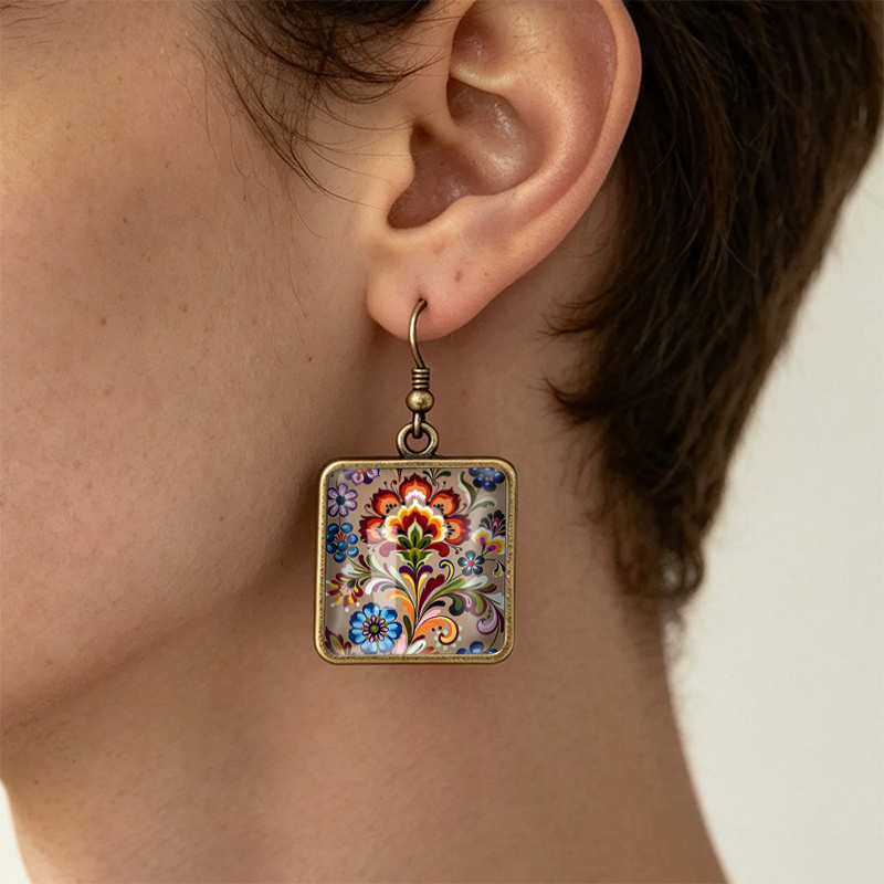 Folk Flower Square Hook Dangle Earrings, Unisex Gift